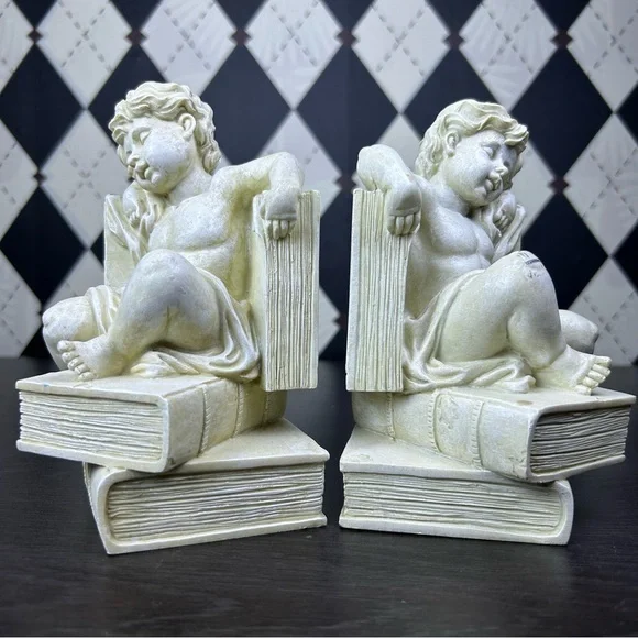 Cherub Bookends Reading Angel Sculpture Library Shelf Decor Book Lover Gift - Picture 7 of 12